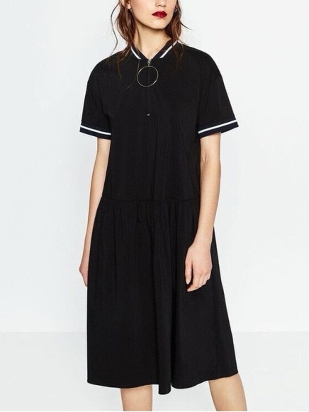 Zara Black Midi Dress with White Contrast Trim